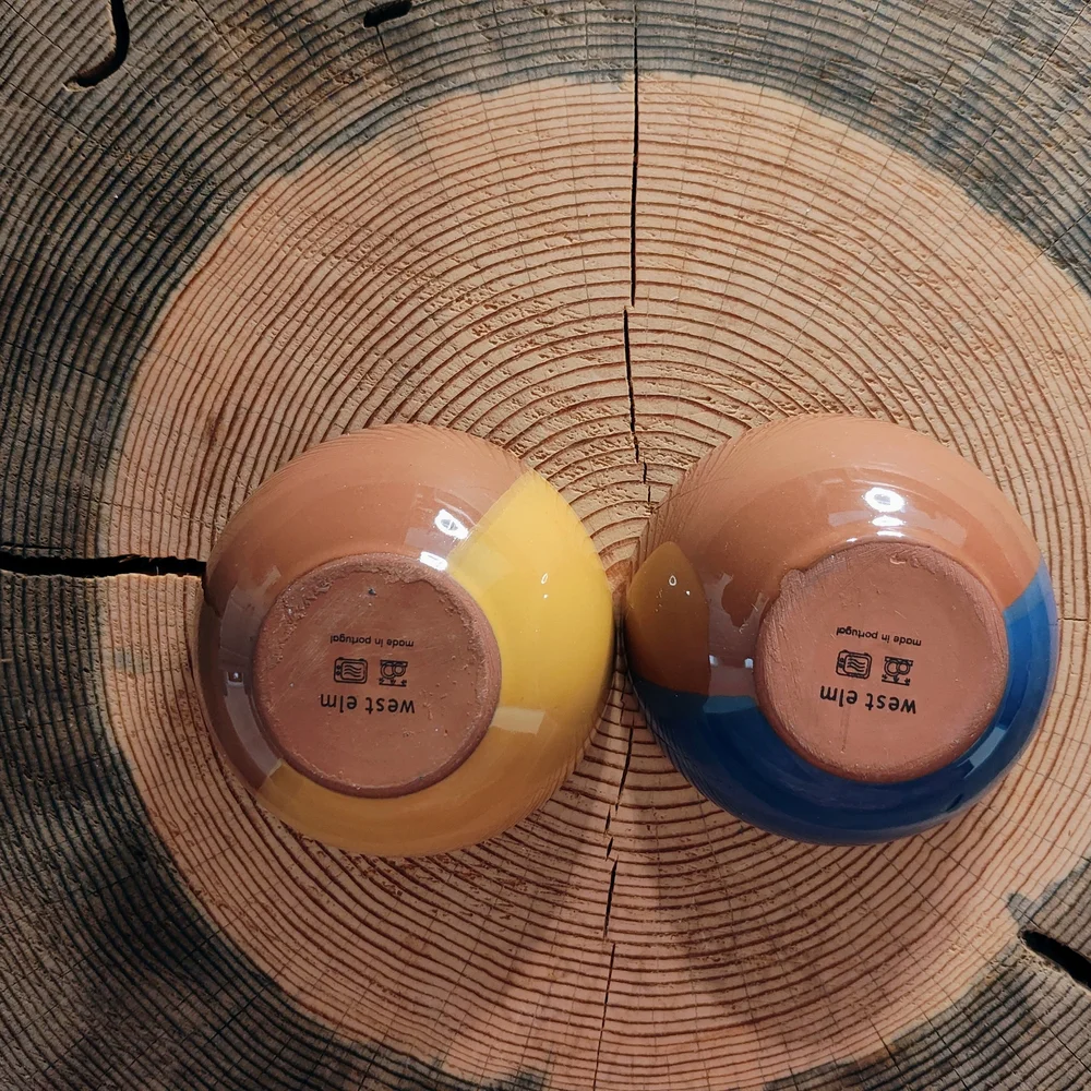 West Elm Two-Tone Ceramic Bowls - Blue, Brown, Yellow